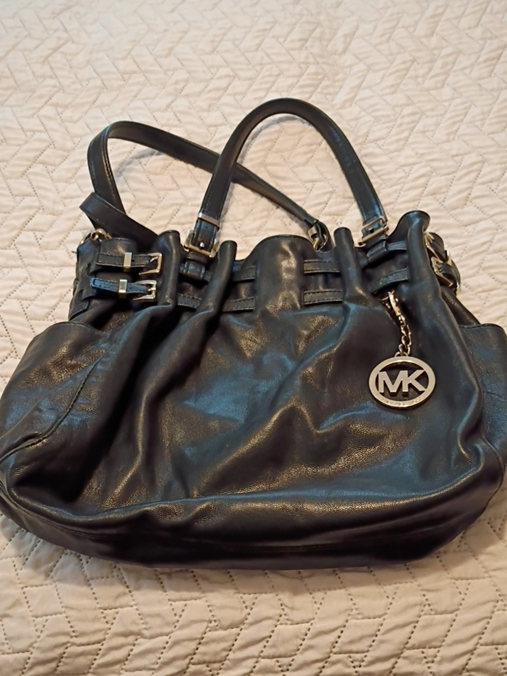 Michael Kors Black Leather Shoulder Bag with MK Pendant